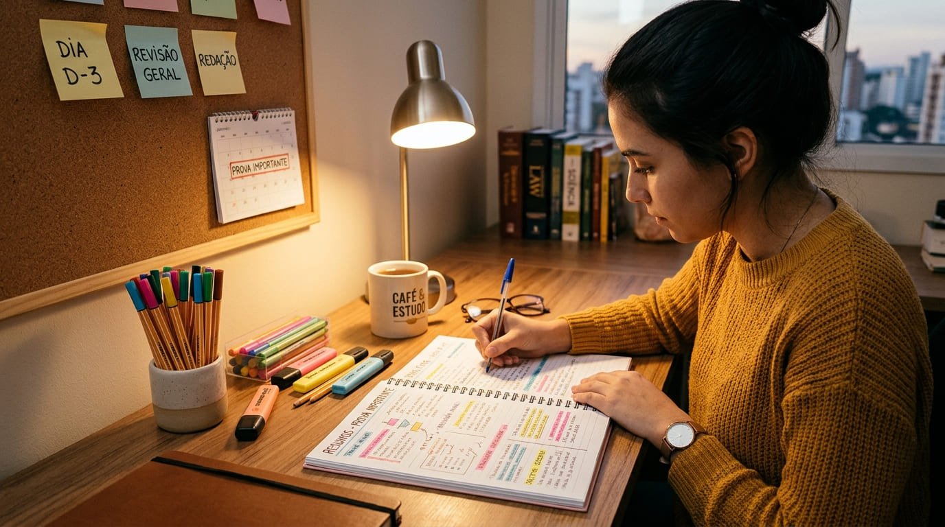 A última semana que antecede um grande exame — seja o ENEM, um concurso público concorrido, a OAB ou um vestibular tradicional — é acompanhada por uma carga emocional intensa. Após meses (ou até anos) de dedicação, o cansaço acumulado se encontra com a ansiedade da aproximação do grande dia. Nesse cenário, o erro mais comum entre os candidatos é tentar recuperar o tempo perdido ou estudar como se ainda estivessem no início da jornada.A semana decisiva não serve para aprender conteúdos inéditos. Trata-se de uma fase de consolidação, ajuste fino e, acima de tudo, gestão de energia física e mental. Saber o que revisar e o que abandonar nesses últimos sete dias é o divisor de águas entre quem chega à prova no pico do seu desempenho e quem sucumbe à fadiga e aos "brancos" de memória.O Poder do Descarte: O Que Abandonar sem CulpaPara otimizar seu tempo e proteger sua saúde mental na reta final, a primeira atitude inteligente é decidir o que não fazer. Abandonar certas práticas na reta final não é sinal de desistência, mas sim uma estratégia deliberada de eficiência. ┌───────────────────────────┐ │ A SEMANA DECISIVA │ └─────────────┬─────────────┘ │ ┌──────────────────────┴──────────────────────┐ ▼ ▼ ┌───────────────────────┐ ┌───────────────────────┐ │ O QUE ABANDONAR │ │ O QUE REVISAR │ ├───────────────────────┤ ├───────────────────────┤ │ • Assuntos inéditos │ │ • Resumos e mapas │ │ • Livros densos │ │ • Fórmulas e leis │ │ • Simulados longos │ │ • Erros recorrentes │ │ • Comparações sociais │ │ • Gestão de tempo │ └───────────────────────┘ └───────────────────────┘ 1. Tópicos Inéditos e ComplexosTentar aprender um conteúdo totalmente novo a poucos dias do exame gera um custo cognitivo altíssimo para um retorno mínimo. A probabilidade de fixar um assunto complexo em poucas horas é baixa, e o impacto negativo na sua confiança é imediato. Aceite que o seu repertório atual é a sua principal ferramenta.2. Simulados Extensos no Meio da SemanaFazer um simulado completo de 5 ou 6 horas a dois ou três dias da prova é um erro tático grave. Essa prática esgota a sua capacidade de concentração e, caso o seu rendimento no simulado seja abaixo do esperado, a sua autoconfiança será abalada no pior momento possível. Reservas de energia devem ser poupadas para o dia oficial.3. Materiais de Estudo Densos e Livros-TextoGuarde os livros doutrinários, videoaulas de 2 horas e apostilas extensas. A leitura densa consome energia preciosa e gera a falsa sensação de que "nada foi aprendido". A reta final exige materiais dinâmicos e focados na memória de curto prazo.4. Comparação com Outros Candidatos e Grupos de EstudoRedes sociais, fóruns de discussão e grupos de mensagens costumam se tornar amplificadores de ansiedade na véspera do exame. Rumores sobre apostas de temas de redação ou relatos de pessoas que estão "estudando 14 horas por dia" só servem para desestabilizar o seu foco.O Que Revisar: O Ouro da Última SemanaCom o escopo reduzido, a sua atenção deve se voltar exclusivamente para o conteúdo de alto impacto e rápida assimilação. O objetivo aqui é manter os conceitos frescos na memória recente.1. Mapas Mentais, Flashcards e Resumos PrópriosUtilize apenas os materiais sintéticos que você mesmo produziu ao longo da sua preparação. Revisar esquemas visuais, fichamentos e cartões de memória ajuda a ativar os caminhos neurais já consolidados, garantindo acesso rápido às informações durante a prova.2. Fórmulas, Prazos, Leis Secas e DecorebasA memória de curto prazo é extremamente eficiente para memorizar pequenos volumes de informação objetiva. Dedique blocos curtos do seu dia para revisar:Exatas e Biológicas: Fórmulas de física, equações matemáticas e ciclos biológicos.Direito e Concursos: Prazos processuais, artigos estratégicos da legislação e súmulas vinculantes.Linguagens e Humanas: Marcos históricos, conceitos sociológicos e conectivos para redação.3. Caderno de Erros RecorrentesRevisar as questões que você errou ao longo dos simulados anteriores é uma das estratégias de maior retorno. Entender a razão dos seus deslizes passados impede que você caia nas mesmas pegadinhas ou cometa erros por falta de atenção na prova real.4. Estrutura da Redação e Modelos de TextoCaso o seu exame exija uma prova discursiva ou redação, revise a estrutura do texto, os conectivos de transição, as propostas de intervenção (no caso do ENEM) e os repertórios coringa. Não escreva textos inteiros no final da semana; apenas esquematize possíveis temas.Cronograma Tático: Como Organizar de Segunda a DomingoPara evitar a paralisia por análise, estruture seus últimos sete dias com metas bem definidas para cada etapa.Dia da SemanaFoco PrincipalAção SugeridaSegunda a QuartaConsolidação de Pontos FortesRevisão ativa de resumos, formulas e matérias com maior peso na prova.Quinta-feiraAjustes Finos e DecorebasLeitura de resumos sintéticos, prazos e esquemas visuais. Redução do ritmo à noite.Sexta-feiraLogística e Preparação MentalOrganização de documentos, canetas, lanches e checagem do local de prova.Sábado (Véspera)Descanso Ativo e DesconexãoAtividades leves, hidratação e, no máximo, uma revisão de véspera muito leve e descontraída.Domingo (O Dia X)Execução da EstratégiaChegada antecipada, gestão de tempo e aplicação calma do conhecimento acumulado.A Preparação Invisível: Mente, Corpo e LogísticaO rendimento cognitivo depende diretamente do estado físico e emocional do candidato. Tentar ignorar as necessidades do corpo na reta final é o caminho mais curto para a perda de rendimento ou burnout. ┌────────────────────────────────────────┐ │ PILARES DA PREPARAÇÃO INVISÍVEL │ └───────────────────┬────────────────────┘ │ ┌────────────────────────────┼────────────────────────────┐ ▼ ▼ ▼ ┌─────────────────┐ ┌─────────────────┐ ┌─────────────────┐ │ HIERARQUIA DO │ │ REGULAÇÃO │ │ LOGÍSTICA │ │ SONO │ │ ALIMENTAR │ │ ANTECIPADA │ ├─────────────────┤ ├─────────────────┤ ├─────────────────┤ │ • 7-8h por noite │ │ • Refeições │ │ • Documentos │ │ • Regularidade │ │ leves │ │ • Transporte │ │ • Sem telas │ │ • Hidratação │ │ • Canetas/Itens │ └─────────────────┘ └─────────────────┘ └─────────────────┘ A Regulação do SonoA consolidação da memória ocorre durante as fases profundas do sono. Privar-se de dormir na semana anterior para estudar mais horas resulta em perda de raciocínio lógico, lentidão na leitura e aumento do estresse. Busque manter uma rotina de 7 a 8 horas diárias de descanso, deitando-se e acordando no mesmo horário.Alimentação e Hidratação EstratégicasEvite experimentar novos alimentos ou fazer refeições pesadas nos dias que antecedem o exame. A contaminação alimentar ou o desconforto gástrico na véspera podem comprometer meses de esforço. Mantenha uma alimentação equilibrada e aumente o consumo de água.A Logística Sem ImprevistosA ansiedade do dia da prova deve se restringir ao conteúdo das questões, jamais a fatores externos. Na sexta-feira, resolva todos os detalhes práticos:Documentação: Separe o documento original com foto exige no edital.Materiais: Teste as canetas transparentes (leve pelo menos três) e separe o cartão de confirmação de inscrição.Trajeto: Calcule a rota até o local de prova, considerando o trânsito atípico de domingo e obras no caminho.Lanches: Compre garrafas de água transparentes e alimentos de fácil consumo que não façam barulho ou sujeira (como castanhas, chocolates amargos e barras de cereal).O Poder do Descanso Estratégico na VésperaExiste uma dúvida recorrente entre os estudantes: estudar ou não no dia anterior à prova?A resposta depende do seu perfil psicológico, mas a regra geral favorece o descanso. Participar de "aulões de véspera" virtuais ou presenciais pode ser útil para quem se sente mais calmo estando em contato com o conteúdo de forma descontraída. Contudo, se isso aumentar a sua ansiedade, opte pelo isolamento e pelo lazer leve.Faça caminhadas ao ar livre, assista a um filme leve, conviva com familiares e evite conversas focadas no exame. O seu cérebro precisa desse intervalo para processar as informações e restaurar a capacidade de foco para o dia seguinte.Dicas Práticas para a Hora da ProvaAo sentar-se na cadeira do exame, coloque em prática o seu plano de execução:Gestão do Tempo: Não fique preso em questões extremamente difíceis no início. Marque-as e avance para garantir os pontos das questões fáceis e médias.Técnicas de Respiração: Se sentir picos de ansiedade, faça pausas de 1 a 2 minutos para respirar profundamente (inspire por 4 segundos, segure por 4 e expire por 6).Preenchimento do Gabarito: Reserve pelo menos 30 minutos finais exclusivamente para a transcrição das respostas com atenção redobrada.Confie na trajetória construída até aqui. A aprovação não é fruto de um milagre na última semana, mas sim do coroamento de uma estratégia bem executada do início ao fim.